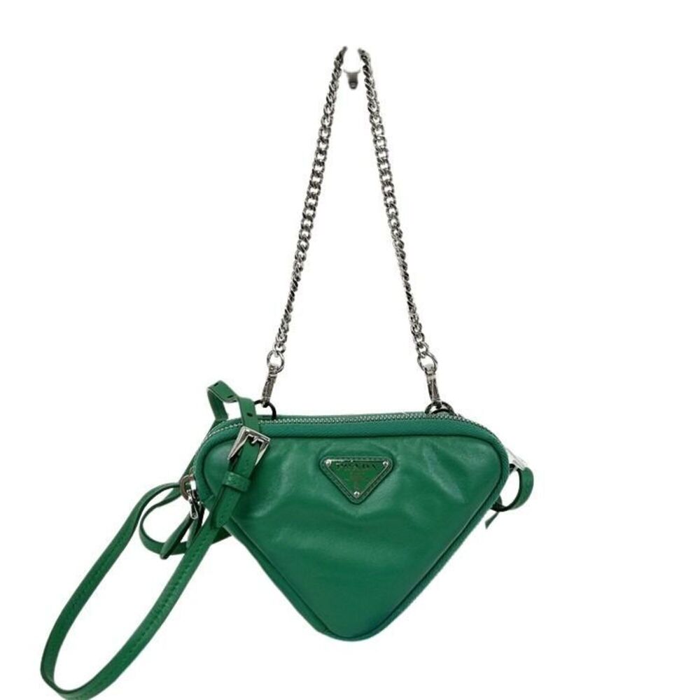 PRADA Triangle Mini Shoulder Bag 1NR015 Green Leather Women's Chain